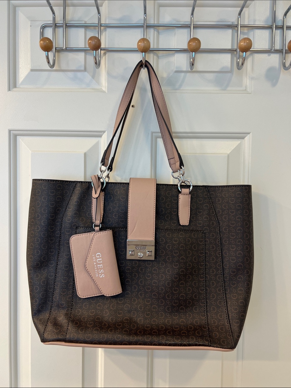 GUESS Brown and Blush Logo Tote with Cardholder